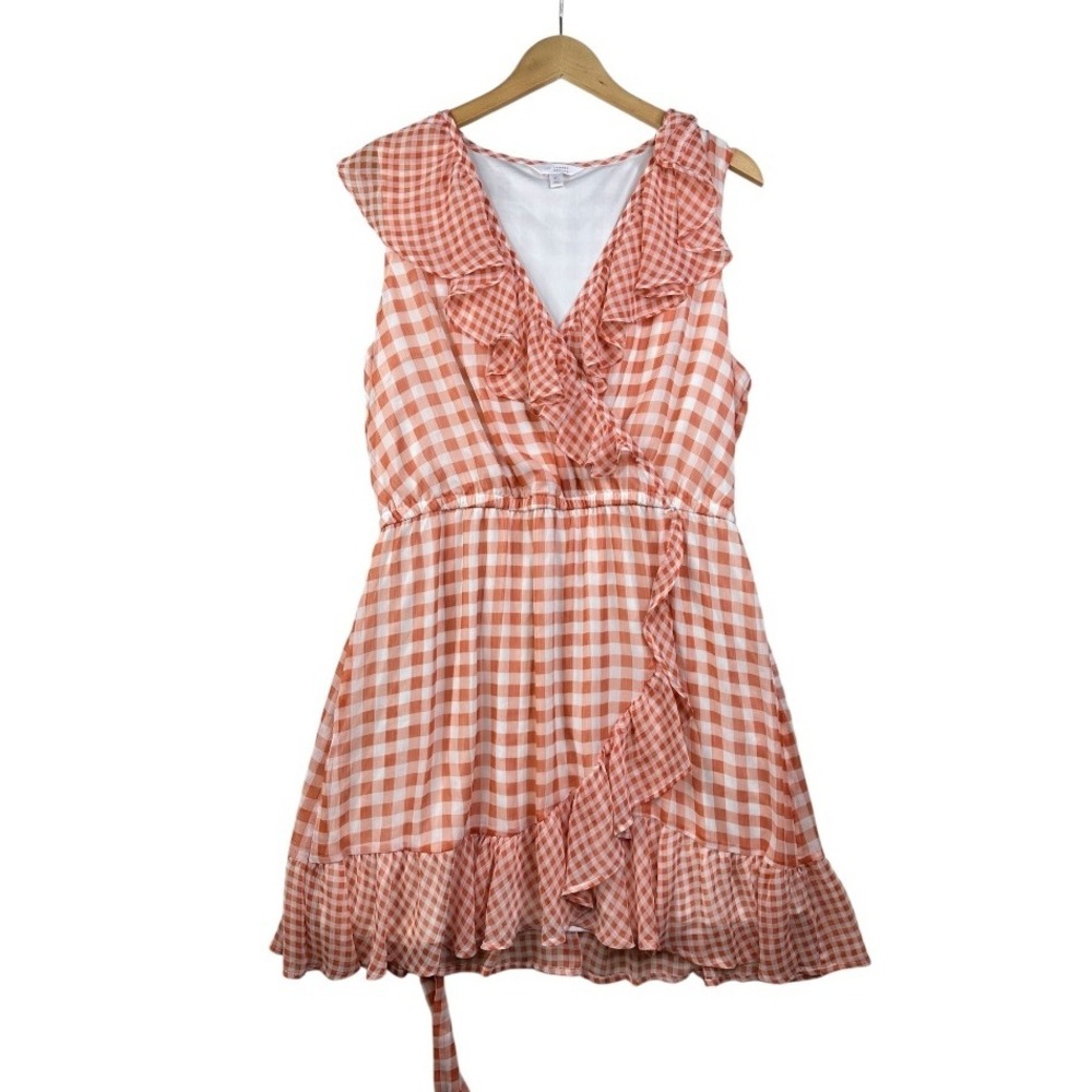 LC Lauren Conrad Peach Gingham Ruffle Wrap Mini Dress